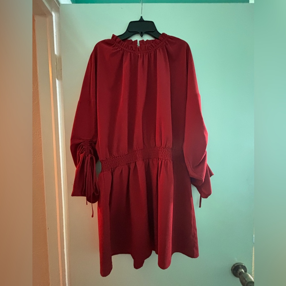 Pinch Red Ruched Mini Sundress with Bishop Sleeves